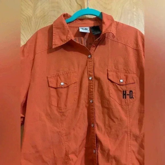 Harley Davidson Garage Shirt Pearl Snap Orange Size 1W EUC - Picture 8 of 12